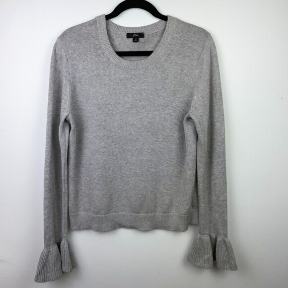J. Crew Grey Ruffle Long Sleeve Pullover Sweater Cotton Crewneck Knit Women's M - Picture 1 of 7